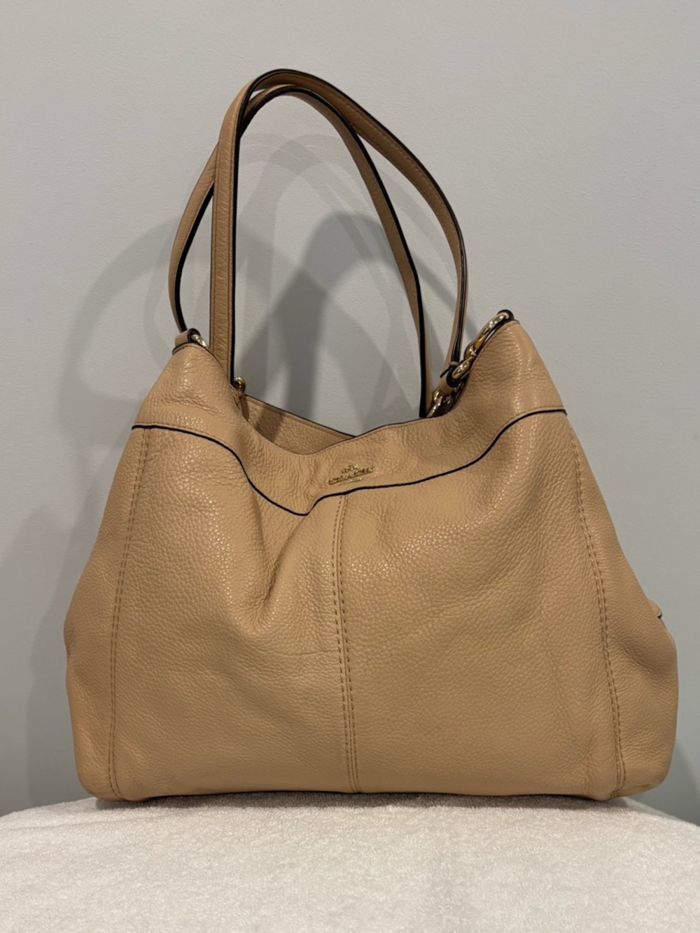 Coach Pebbled Leather Shoulder Tote in Beige with Dark Trim